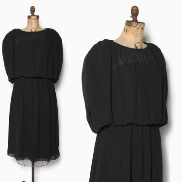 Vintage 80s Pierre Cardin Dress / 1980s Semi Sheer Strong Shoulder Draped Dress by luckyvintageseattle