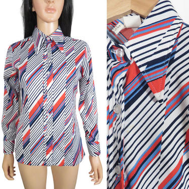 Vintage 70s Diagonal Stripe Print Polyester Blouse With Butterfly Collar Size M 