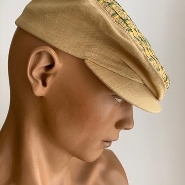 1950'S-60'S NEWSBOY CAP - Woven Straw &amp; Linen - Cotton Sweatband  Size 7 = Small 