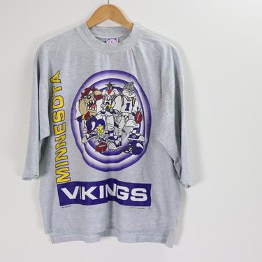 Vintage LOONEY TOONS Tee / 90's Vikings Football Printed T Shirt M/L 