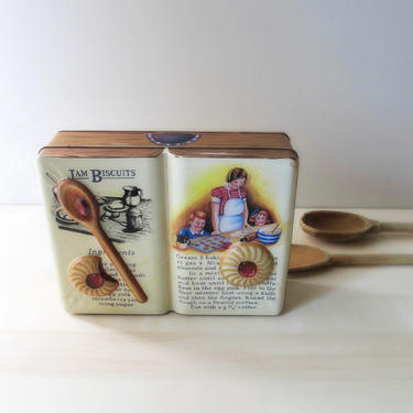 vintage English jam biscuit tin Christmas cookie 1995 Silver Crane book tin embossed spoon 