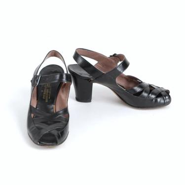 1940s Debonair Black Leather Peep Toe Sandal Heels 