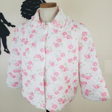 Vintage 1960's Pink Peignoir Bed Jacket / 60s Rose Floral Lounge Wear Lingerie 