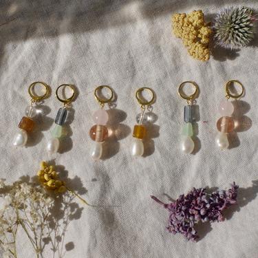 Glass Bead and Pearl Dangle Charm earrings / Gold Hoops / Dainty Jewelry / Unique Handmade one of a kind gift 