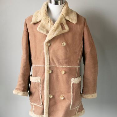 1970s Mens Shearling Coat Suede Fur L 