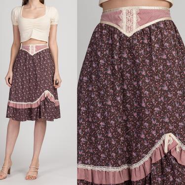 70s Gunne Sax Jeunes Filles Calico Floral Prairie Skirt - XS to Small | Vintage Purple Lace Ribbon Trim Boho Hippie Midi Skirt 