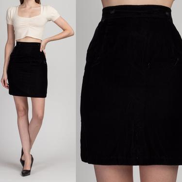 80s Black Velvet Fitted Mini Skirt - Extra Small | Vintage Contempo Casuals High Waisted Plain Miniskirt 