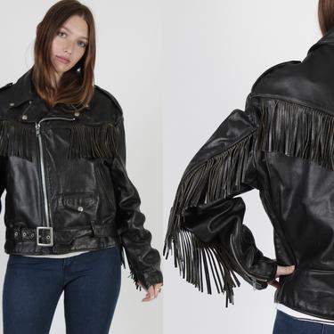 Vintage Mens Schott NYC Black Leather Motorcycle Biker Jacket Belted Fringe 42 