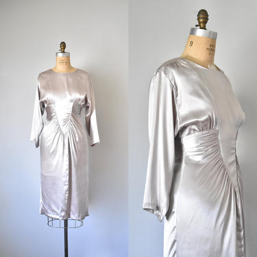 Roxanne silver silk dress, 80s midi dress, sustainable clothing, silk dress 