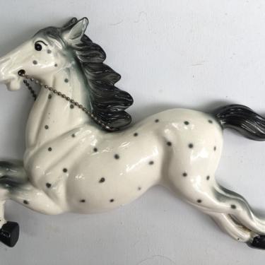 Vintage White Horse Wall Hanging, Galloping, Jumping White Horse With Black Mane And Spots, Made In Japan 