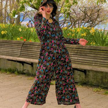 90s Vintage Wide Leg Jumpsuit, 90s floral print palazzo jumpsuit with wide legs, festival outfit jumpsuit jumper size large 