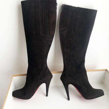 Christian Louboutin Bourge Zeppe Brown Boots SIZE 37, Womens High Heels Designer Shoes Size 6.5, 6 1/2, Suede Leather, Platform Boot 