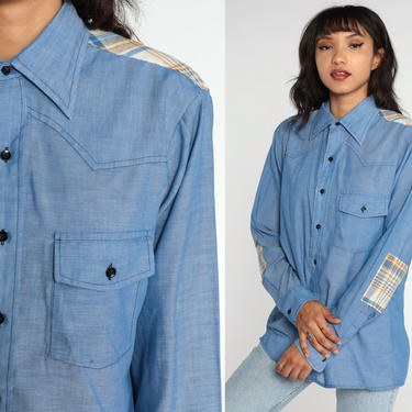 Chambray Western Shirt PLAID Western Shirt 70s Blue Denim Yoke Long Sleeve Vintage Cotton Button Up 1970s Blue Men's 16 35 Large 