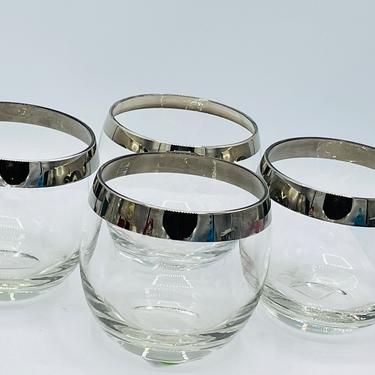Set of four of  Platinum silver trim Rocks Rolly Polly Whiskey Cocktail  Glasses- Heavy bottoms- Mad Man Style 