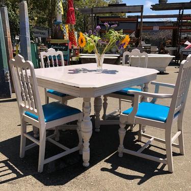 White Table with 4 Blue and White Chairs (AS IS)