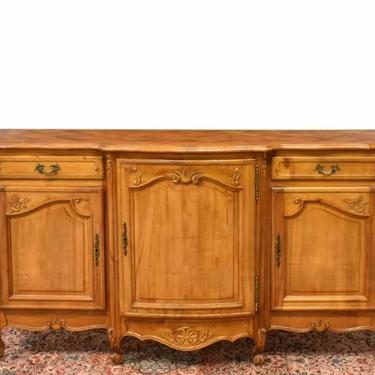 Vintage Country French Louis XV Style Carved Fruitwood Parquetry Breakfront Sideboard Server / Buffet / Credenza / Chest Of Drawers Commode 
