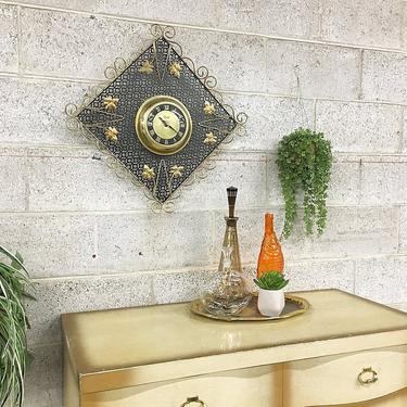 Vintage Clock Retro 1960s Black + Gold Metal + Square Shaped + Curved Metal Leaf Details + Wall Clock for Mid Century Home or Office Decor 