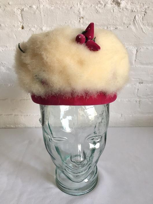 Vintage 1960s 1950s Hat Cream Feathers Pink Velvet Stawberries Pillbox Rockabilly 60s 50s White Maribou Fuschia VLV 