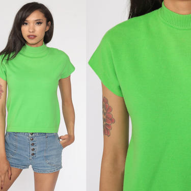 70s Knit Top Neon Green Shirt Boho Lime Cap Short Sleeve Sweater Top Bohemian Retro Tee Vintage Slouch 1970s Small S 