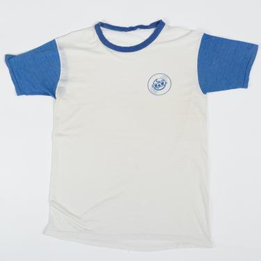 70s Threadbare Babcock & Wilcox Ringer Tee - Men's Medium, Women's Large | Vintage White Blue Retro Corporate Graphic Logo T shirt 