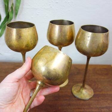 Vintage brass tarnished goblets choose 1 or more elegant long stem wine glass or chalice made in India, altar display or offering wide bowl 