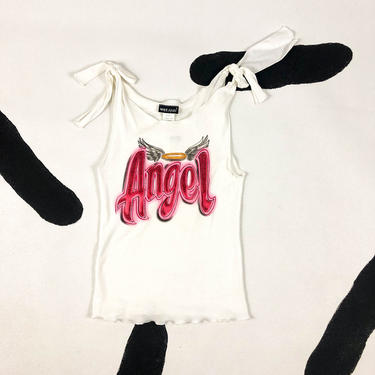 90s Airbrush Angel Tank Top / Tie Straps / Glitter / Deadstock / Wet Seal / Baby Girl / y2k / 00s / Spice Girls / Delias / Small / Pink 