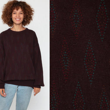 Wool Blend Sweater Burgundy Geometric Sweater 80s Italian DIAMOND Print Boho Knit Jumper 1980s Bohemian Vintage Pullover Medium Large 