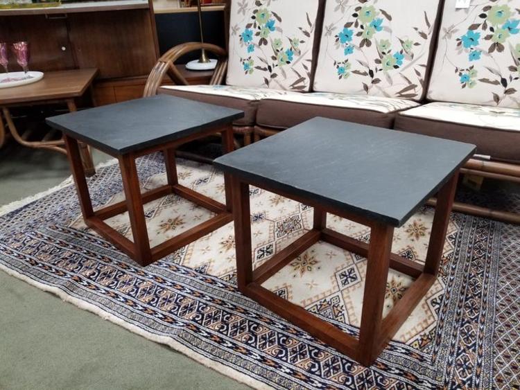 Pair of Mid-Century Modern walnut and slate side tables