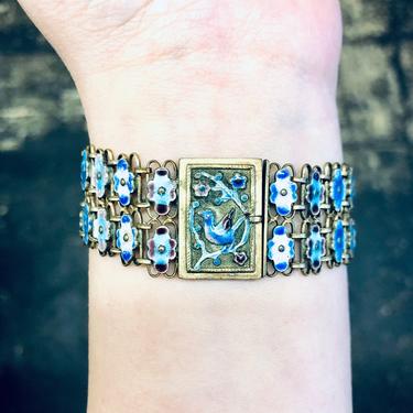 Cloissone Bracelet, Vintage Jewelry, Link Bracelet, Floral Bracelet, Bird Bracelet, Blue Enamel Jewelry, Flowers, Purple Flowers, Brass 
