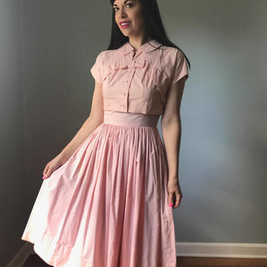 vintage 50s pink dress | 1950s dress | DORIS DODSON full skirt day dress | cotton dress matching cropped jacket 