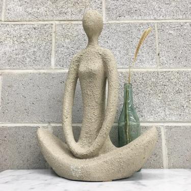 Vintage Statue Retro 1990s Yoga + Meditating + Zen + Woman in Lotus Pose + Textured Stone + Large Size + Sculpture + Home Decor 