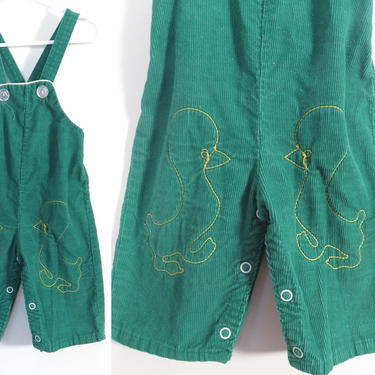Vintage 70s Baby Green Corduroy Overalls With Embroidered Ducklings Size 6-9M 