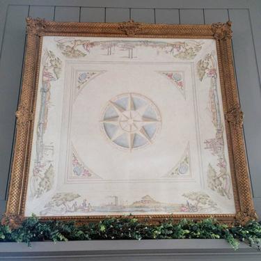 Large Antique Architectural Trompe l'oeil Painted Ceiling Mural Design Decorative Building Element in Carved Giltwood Frame, Mark Twain 
