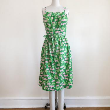 Bright Green and Pink Cherry Print Apron-Style Wrap Dress - 1970s 