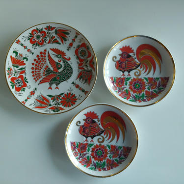 Russian Imperial Lomonosov Porcelain Plates Red Rooster - Set of 3 