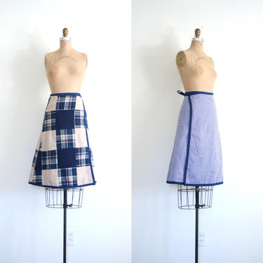 15 DOLLAR SALE! // 70s wrap skirt - vintage plaid patchwork - reversible wrap skirt / 1970s camel &amp; blue skirt / gingham check skirt 