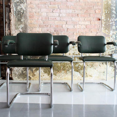 Original Knoll Cesca Chairs by Marcel Breuer in Green Leather