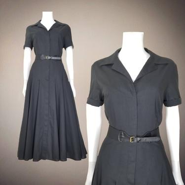 Vintage Solid Black Shirt Dress, Large / Topstitch Pleated Dress / 90s Cotton Muslin Button Dress / Short Sleeve Flared Tea Length Day Dress 