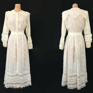 VINTAGE 1900 1910 Edwardian Sheer Embroidered Lawn Dress | Antique Titanic Era Garden Party Maxi Dress | Sailor Flap Collar With Glass Beads 