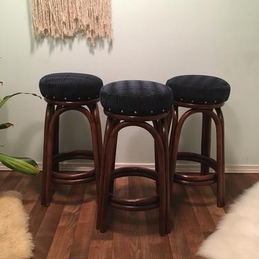 Counter Stools, Brown and Navy Pendelton Bamboo Rattan Vintage Barstools 