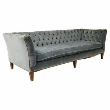 Contemporary Modernist Arhaus Tufted Blue Sofa Hollywood Regency Dunbar Style 