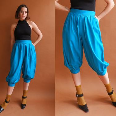 Vintage 80s Teal Silk Balloon Pants/ 1980s Cropped Pantaloons