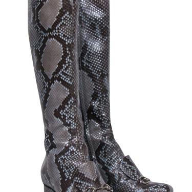 Gucci - Slate Blue &amp; Brown Snakeskin Heeled Knee High Boots w/ Horsebit Sz 6.5