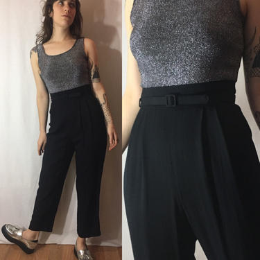 Vintage 1980s Jumpsuit | Silver Lurex and Black Crepe Sleeveless Jumpsuit, Pleated High Waisted Belted, NYE Holiday, S | John Roberts Petite 
