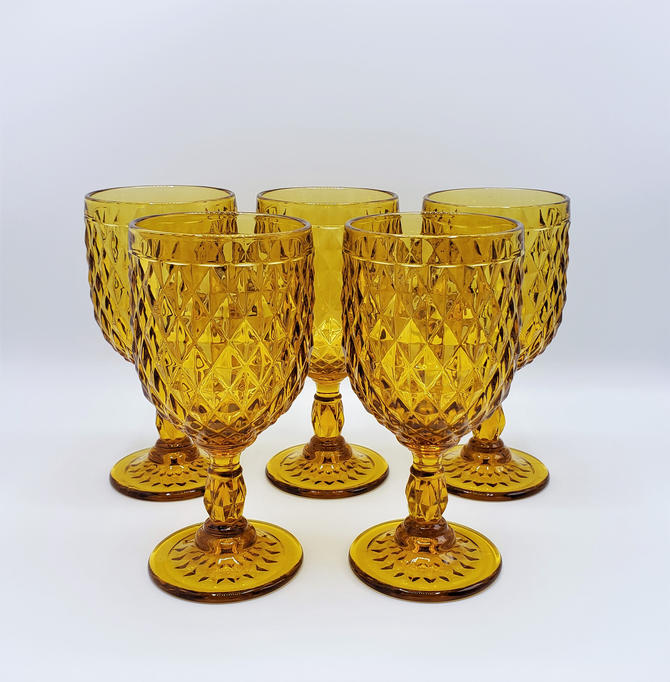 Vintage Indiana Glass Amber Diamond Point Water Goblets 