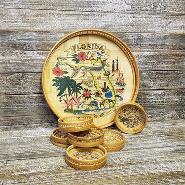 Vintage Florida Coasters & Tray, Rattan Serving Tray, State Souvenir Map, Carrib Bamboo Tray n Drink Coasters, Retro Vintage Barware Kitchen 