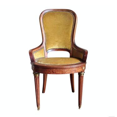 Exotic Antique French Burled Mahogany Marquetry Inlaid Ormolu Curved Upholstered Chair  -  Art Deco Streamline Empire Louis XVI Early 20th C 