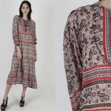 Vintage 70s India Midi Dress / Indian Cotton Gauze Dress / Red Black Boho Block Print Fabric / Tie Chest Cover Up Dress 