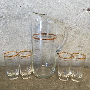 Gold Rim Cocktail Pitcher with Four Glasses