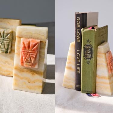 Vintage 50s 60s Mid Century Agate Book Ends w/ Tiki Carved Stone Design | Rustic, Library, Boho, Home Decor, Crystal | 1950s 1960s Book Ends 